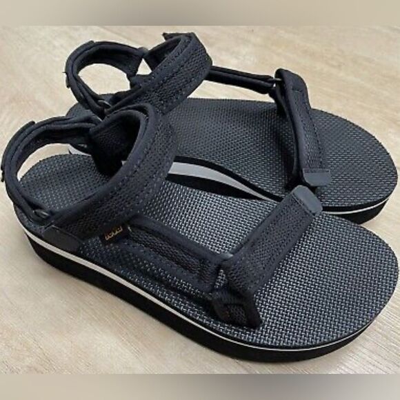 Teva Black Flatform Universal Mesh Print Hook-and-Loop Strap Foam Sandals 10 - Picture 1 of 8